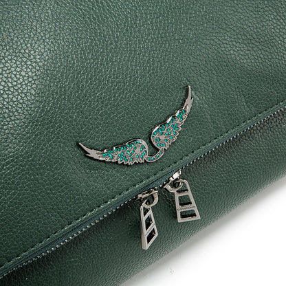 Emerald Green Wing Accent Leather Crossbody Bag – Chic Chain Shoulder Purse