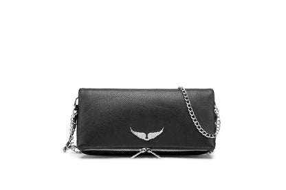 Minimal Wing Logo Black Leather Clutch Bag – Chain Crossbody Shoulder PursePerfect for both casual wear and evening outfits, this is a versatile essential for any modern wardrobe