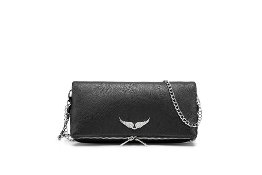 Minimal Wing Logo Black Leather Clutch Bag – Chain Crossbody Shoulder PursePerfect for both casual wear and evening outfits, this is a versatile essential for any modern wardrobe